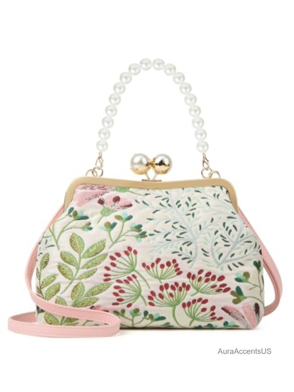 Vintage Embroidered Flower Handbag Pearl Chain Crossbody Clutch Kiss Lock